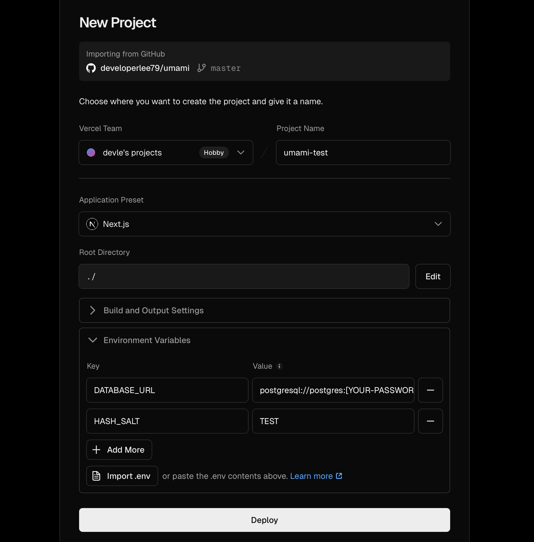 Vercel Project Setting Image